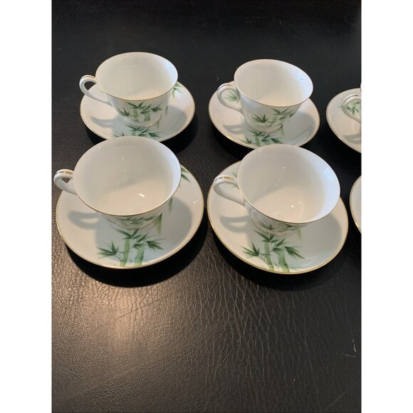 6 Noritake Toki Kaisha Footed Cup and Saucer Sets Green Bamboo Pattern 1960s Vtg - Picture 5 of 12